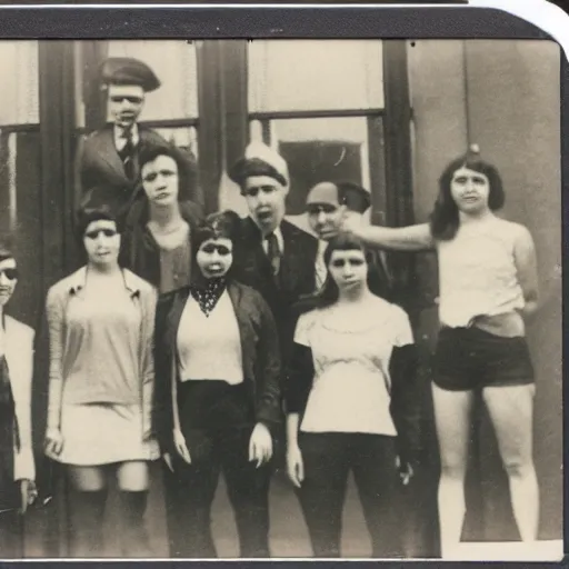 Prompt: Polaroid photograph of stylish college students, taken in 1922