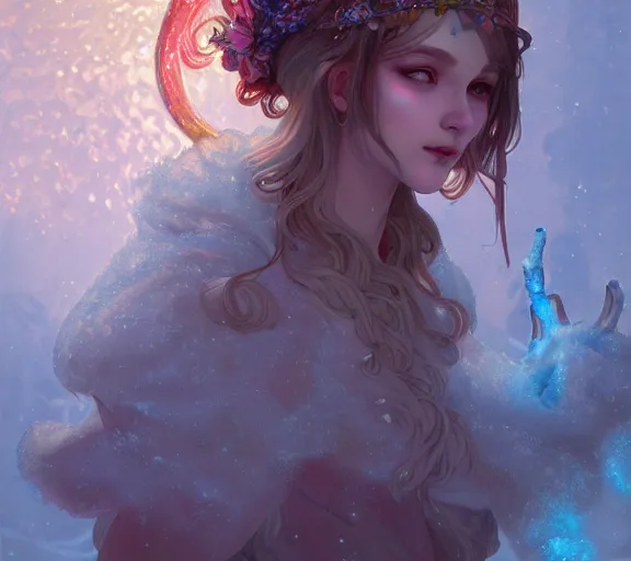 Prompt: beautiful ancient frost witch, pastel fire in eye, snow glow, pool party, highly detailed, digital painting, artstation, sharp focus, illustration, art by tan zi and ayanamikodon and alphonse mucha and wlop