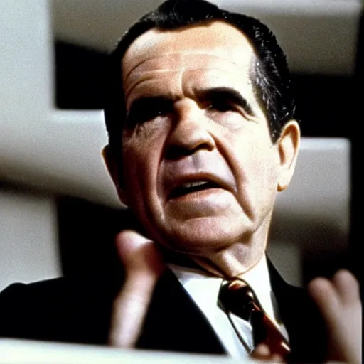 Prompt: a 1 9 7 0 s movie still of richard nixon trapped in the void