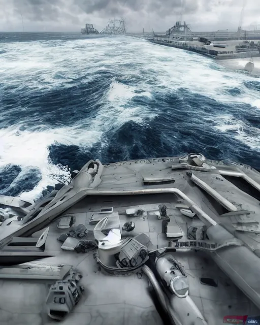 Image similar to view from an aircraft carrier of stormy seas, stormy weather, unreal engine, hyper realism, realistic shading, cinematic composition, realistic render, octane render, detailed textures, photorealistic, ultrawide shot, 16mm lens