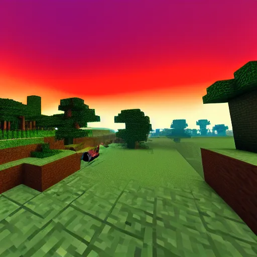 Image similar to atmospheric noon picture of minecraft landscape, sky is on fire