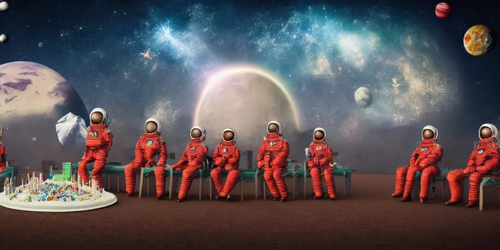 Image similar to twelve cosmonauts sitting by the river with a big holiday cake + octane render + ue 5 + planets and stars + mystical fog + psychedelic colors + super detail, high quality