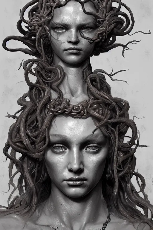 Image similar to A portrait of medusa statue by Greg Rutkowski, Sung Choi, Mitchell Mohrhauser, Maciej Kuciara, Johnson Ting, Maxim Verehin, Peter Konig, Bloodborne , 8k photorealistic, cinematic lighting, HD, high details, dramatic, atmospheric , trending on artstation