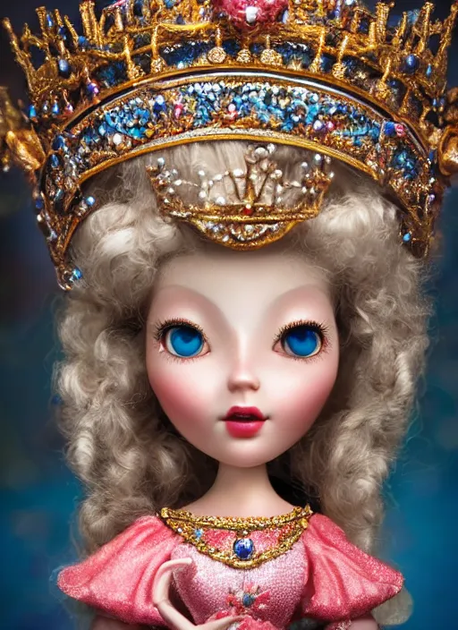 Image similar to closeup profile portrait of tin toy fairytale princess wearing a crown, depth of field, zeiss lens, detailed, symmetrical, centered, fashion photoshoot, by nicoletta ceccoli, mark ryden, lostfish, breathtaking, 8 k resolution, extremely detailed, beautiful, establishing shot, artistic, hyperrealistic, octane render