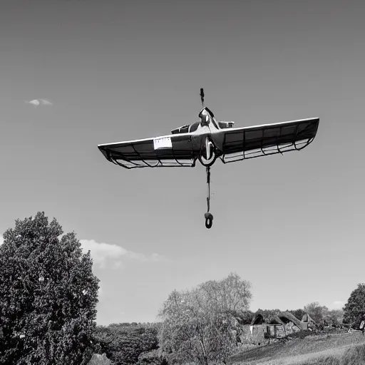 Prompt: old vintage car flyhing above the village, photograph in black and white