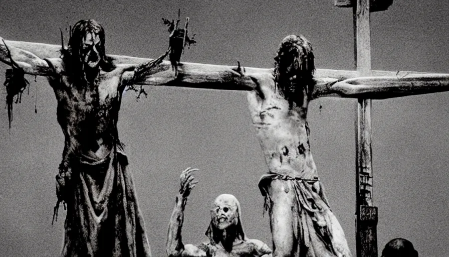 Image similar to Movie by Ridley Scott about a crucified cyborg zombie nailed to a crucifix