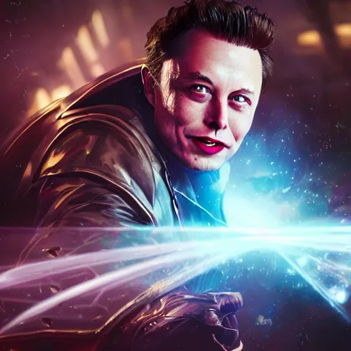 Image similar to portrait of elon musk as the joker as a spellcaster, league of legends amazing splashscreen artwork, splash art, natural light, elegant, photorealistic facial features, intricate, fantasy, detailed face, atmospheric lighting, anamorphic lens flare, cinematic lighting, league of legends splash art, hd wallpaper, ultra high details by greg rutkowski