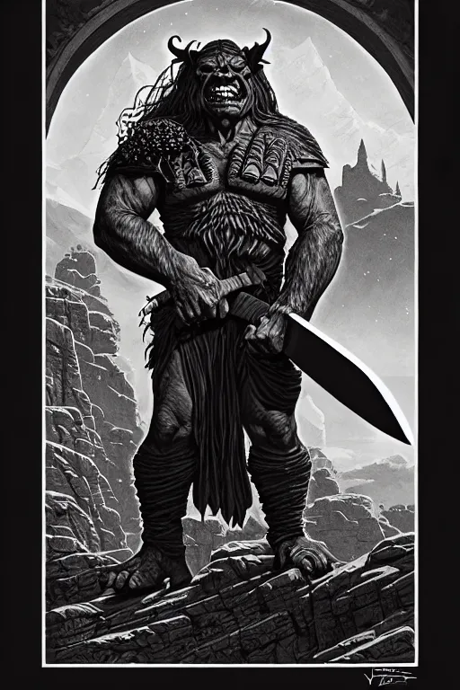 Image similar to cloaked orc holding large axe, high details, intricately detailed, by vincent di fate, inking, 3 color screen print, masterpiece, trending on artstation, sharp, details, hyper - detailed, hd, 4 k, 8 k