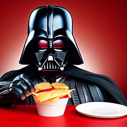 Prompt: A still of Darth Vader eating at Big Mac, 4k, photograph, ultra realistic, highly detailed, studio lighting