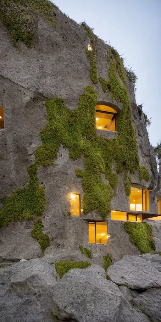 Prompt: a night photo of a contemporary house with large, bright windows full of people. The house is a massive boulder. The mossy and weathered concrete has been eroded by wind and water like the Grand Canyon. The concrete looks like geological strata of rust and sand colors. The erosion has created thousands of small cracks and holes filled with moss. Megascans, 8k, unreal engine 5.