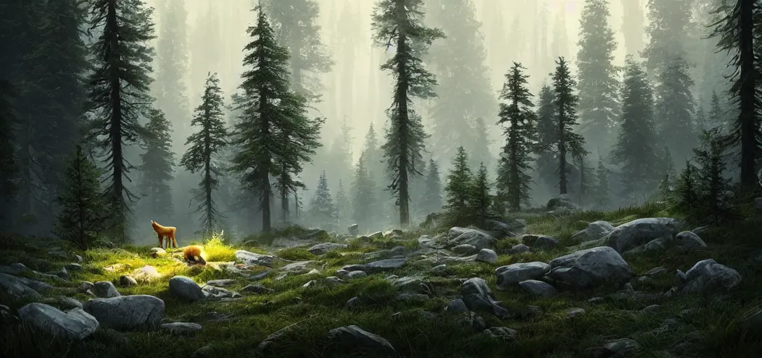 Prompt: beautiful render of a forest world, unreal engine, first light, pine trees, tall firs, rocky slopes, hidden caverns, bear, wolf, deer, fox, rabbits, birds, soft light, by greg rutkowski, cgsociety