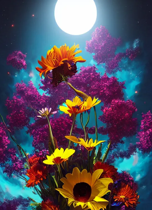 Image similar to An epic fantastic realism comic book style painting of the most beautiful flowers launched into space, bouquets, solar eclipse, fisheye, unreal 5, DAZ, hyperrealistic, octane render, dynamic lighting