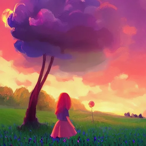 Image similar to girl with a giant carnation head, surreal photography, flower field, sunset dramatic light, impressionist painting, colorful clouds, blue sky, digital painting, artstation, simon stalenhag