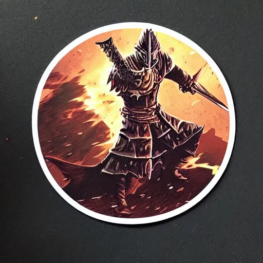 Prompt: a sticker illustration of a dark souls lord battling the unknown