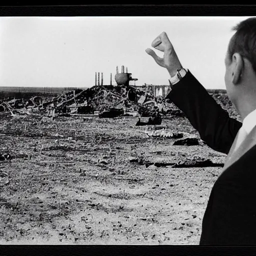 Image similar to Vladimir putin looking at an atomic bomb. polaroid. bleak.