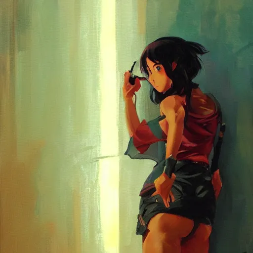 Prompt: greg manchess painting of an anime woman, direct flash photography at night, makoto shinkai