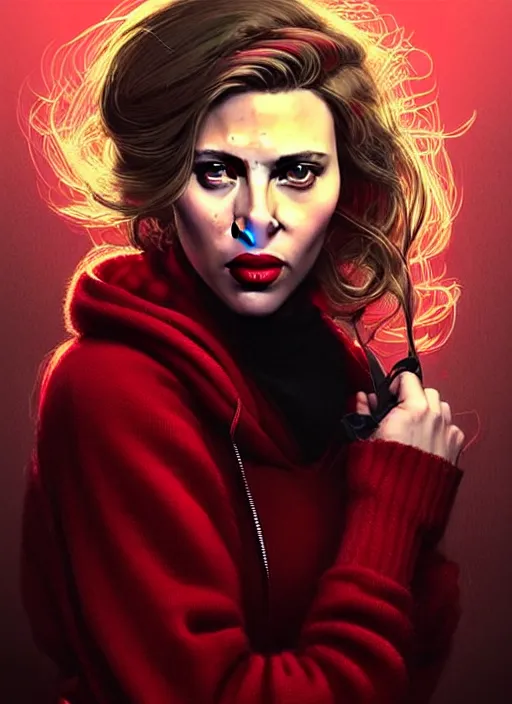 Image similar to highly detailed portrait of scarlett johanson with scarlet lips pogging, tartan hoody, photographic realistic background, ringlet hair by atey ghailan, by greg rutkowski, by greg tocchini, by james gilleard, by joe fenton, by kaethe butcher, gradient red, black, neon green cream and white color scheme, trending in pinterest, award winning details