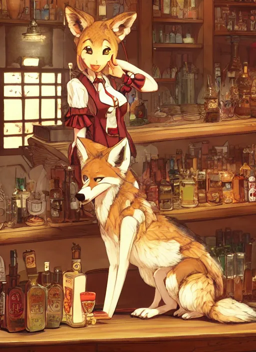 Image similar to anthro coyote fursona barmaid in a cozy tavern, hidari, color page, tankoban, 4K, tone mapping, Akihiko Yoshida.