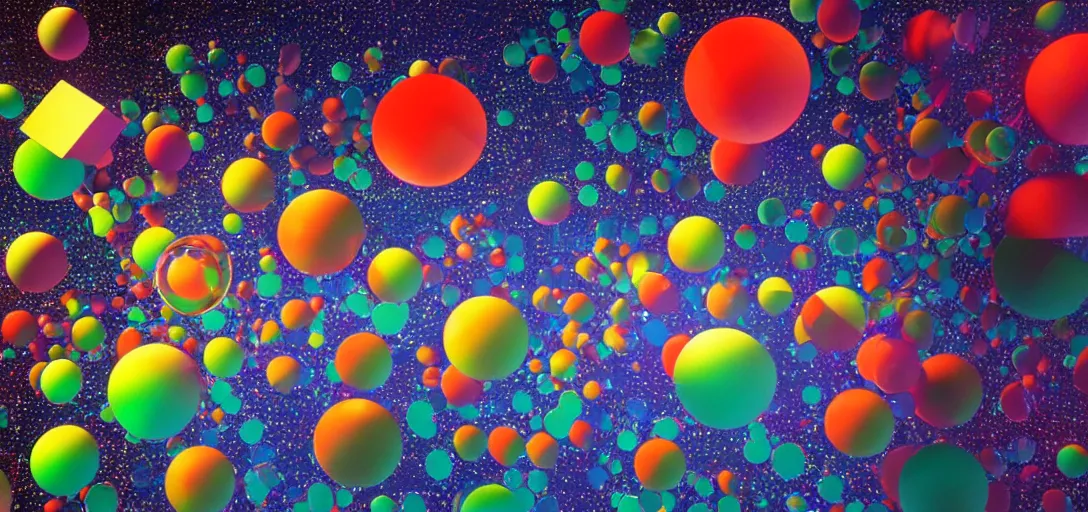 Prompt: glass orbs and multicolored 3 d shapes floating in space, 1 9 8 0 s cgi, 3 d art, harsh shadows and reflections