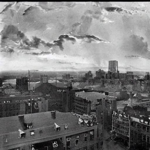 Prompt: balcony view of 1 9 2 5 boston with a broken sky