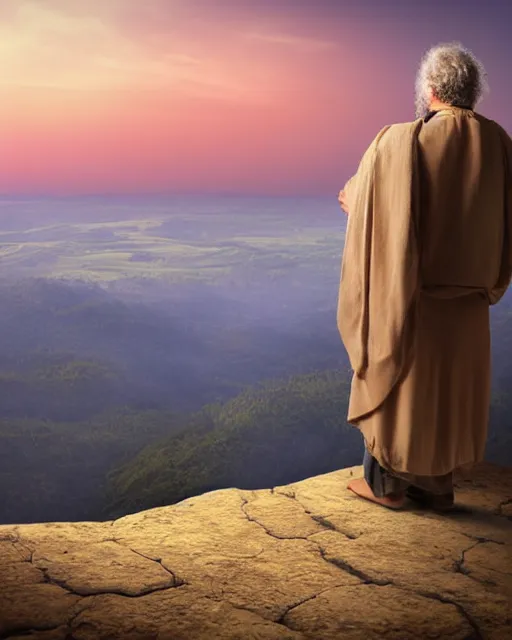 Image similar to an ancient jewish man looking over a strikingly beautiful stunning nature horizon, very realistic, highly detailed, photorealistic, dusk