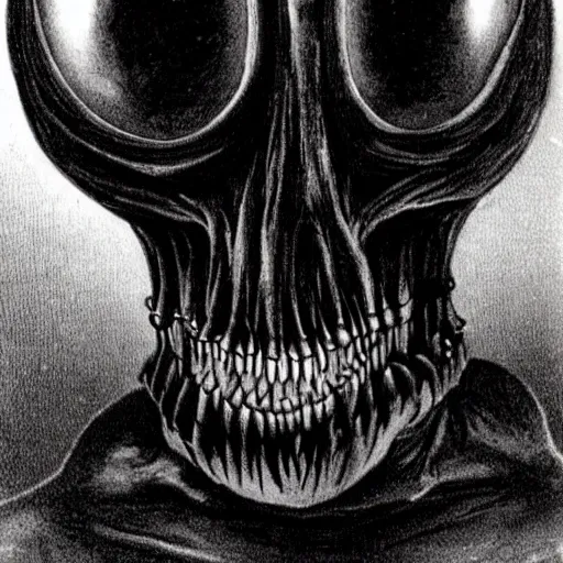 Image similar to humanoid with crooked teeth, two shallow black eyes, long open black mouth, alien looking, big forehead, horrifying, killer, creepy, photo turning slightly yellow, long open black mouth, dead, looking straight forward, realistic, slightly red, long neck, boney, monster, tall, skinny, skullish, deathly, in the style of alfred kubin