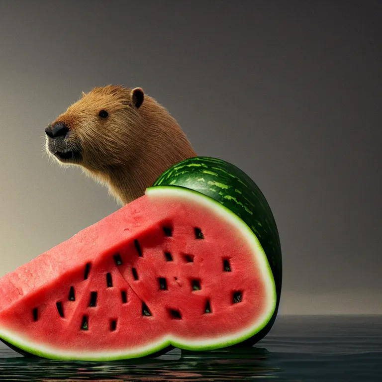 Image similar to a capybara floating in the oceon resting its head on a watermelon cut in half, octane render, trending on artstation, greg rutkowski very coherent symmetrical artwork. cinematic, hyper realism, high detail, octane render, 8 k