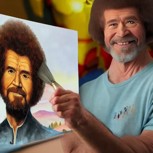 Image similar to a closeup photorealistic photograph of bob ross holding a paintbrush and diligently finishing a canvas painting of iron man. mountains and trees. film still. brightly lit scene. this 4 k hd image is trending on artstation, featured on behance, well - rendered, extra crisp, features intricate detail, epic composition and the style of unreal engine.