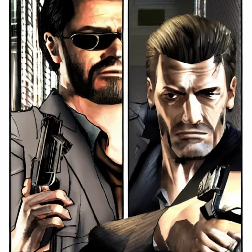 Image similar to max payne and jc denton from deus ex, buddy cop