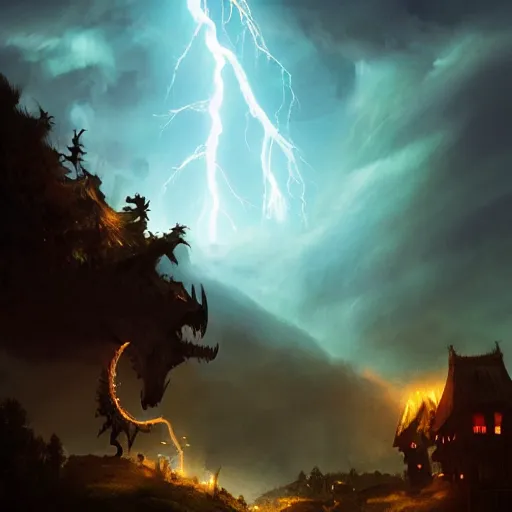 Prompt: a dragon attacks a village, lightning in the sky, raining, cinematic lighting, Greg Rutkowski, Anato Finnstark, Taras Susak