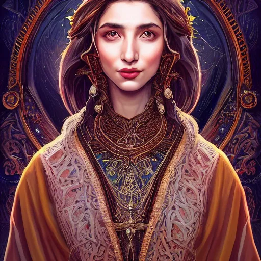 Image similar to head-on centered symmetrical painted portrait, Mahira Khan as a D&D wizard, intricate fantasy robes, fantasy, intricate, elegant, highly detailed, digital painting, smooth, sharp focus, illustration, artstation, in the style of Artgerm and Anna Podedworna and Alex Ross