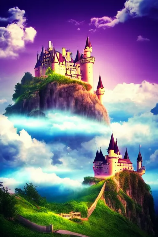 Prompt: beatiful castle in the clouds, romantic, atmospheric, wide shot, vaporwave colors