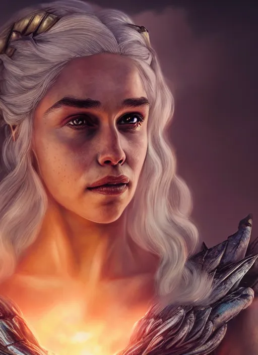 Image similar to An epic fantasy comic book style portrait painting of Daenerys Targaryen and her dragons, Unreal 5, DAZ, hyperrealistic, octane render, cosplay, RPG portrait, dynamic lighting