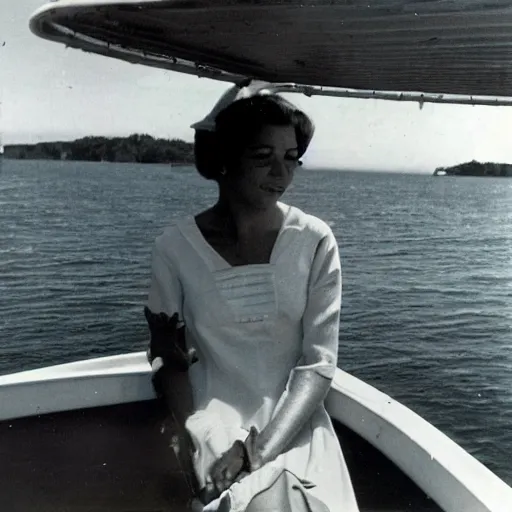 Prompt: a woman on a boat 1960 high quality