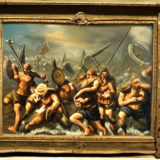 Image similar to Attacking vikings running against the camera, oil painting