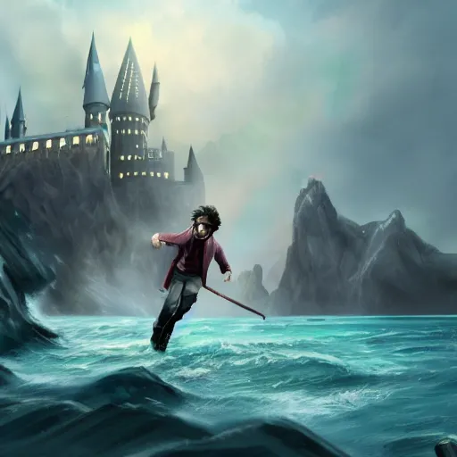 Prompt: Harry Potter having the final battle at the ocean, ArtStationHQ, digital painting, fantasy, anime, semi realism.