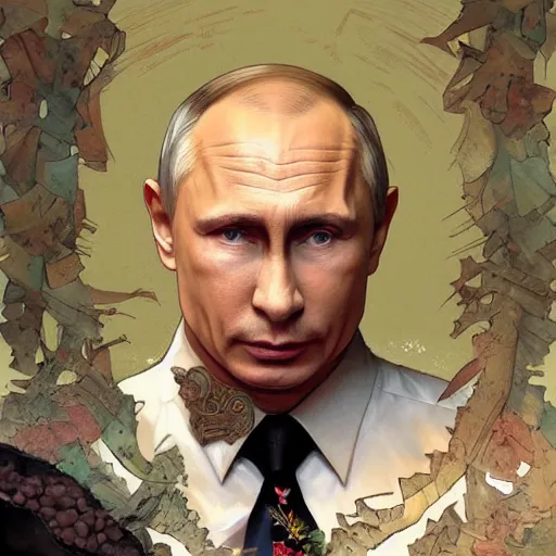 Prompt: Vladimir Putin is a huge pig in dirt, intricate, highly detailed, digital painting, artstation, concept art, smooth, sharp focus, illustration, evil, horrifying, art by artgerm and greg rutkowski and alphonse mucha