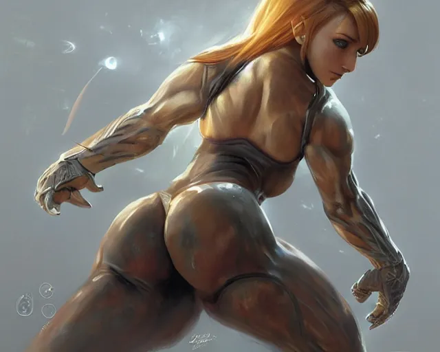 Image similar to 3 d render of samus aran showing her muscular back, elegant, detailed, fantasy, hd shot, digital portrait, beautiful, artstation, comic style, unreal engine, by artgerm, guy denning, jakub rozalski, magali villeneuve and charlie bowater