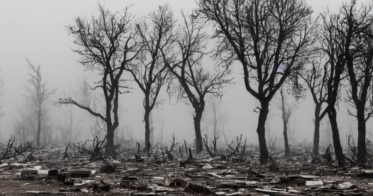 Prompt: a post-apocalyptic wasteland, dead trees, broken buildings, with gray fog