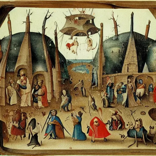 Image similar to book page of Where’s Waldo in the style of Hieronymus Bosch, Waldo is walking