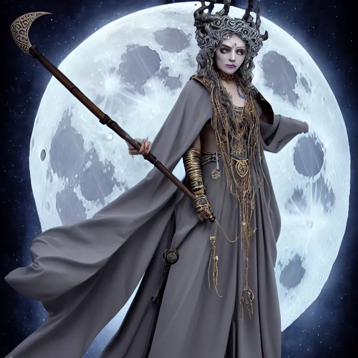 Prompt: photograph of a real-life beautiful elemental moon witch with ornate grey robes and staff. Extremely detailed. 8k