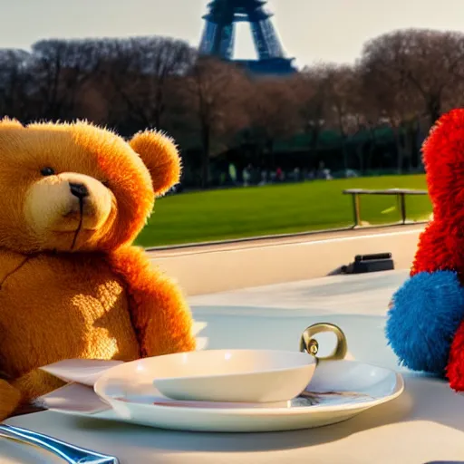 Prompt: a couple of teddy bears in a fancy restaurant, with the eiffel tower in the background, realistic photo, well detailed, 8k