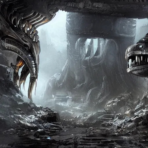 Prompt: concept art prometheus ancient city destroyed by xenomorphs, cinematic highly detailed