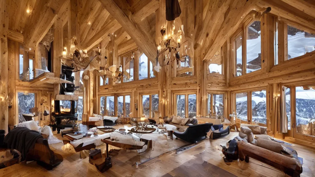 Image similar to interior view of a luxurious ski chalet, high ceilings, polished hardwood floors, sublime architecture, maximalist decor, beautiful lighting, huge windows, located in Norway