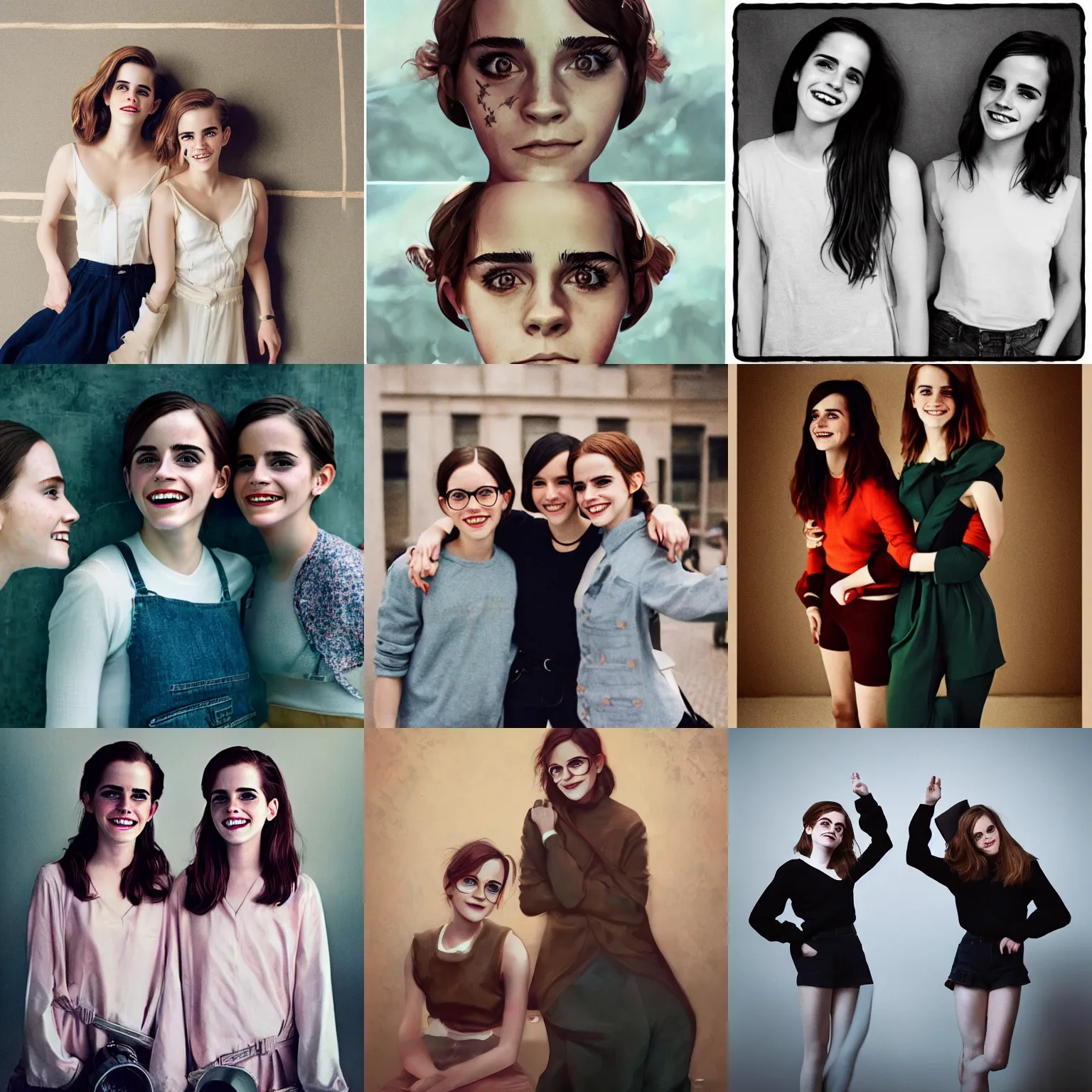 Prompt: emma watson identical twins smiling lois van baarle and loish and ross tran annie leibovitz canon eos r 3