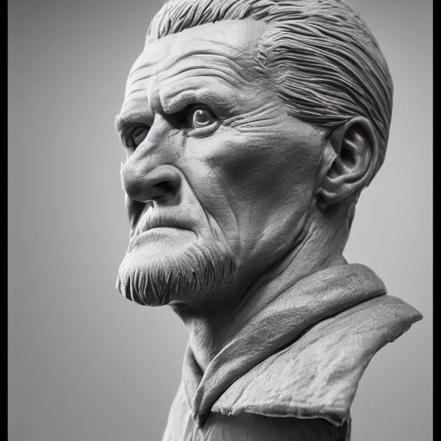 Image similar to photography of a bust of old Kirk Douglas made of clay by Sebastian Kruger and Michelangelo, 50mm, studio atmosphere, 8K, rim light, octane render, ultra-realistic