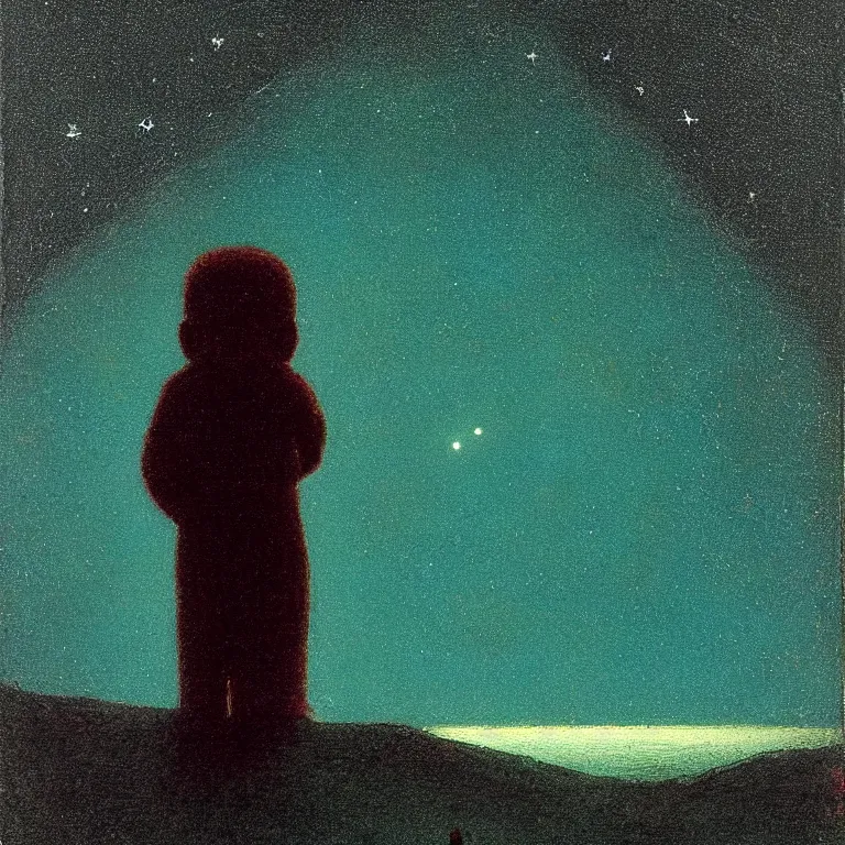 Image similar to a small figure staring at the stars, warn lighting, glowing, arkhip kuindzhi painting, teal palette, eschaton