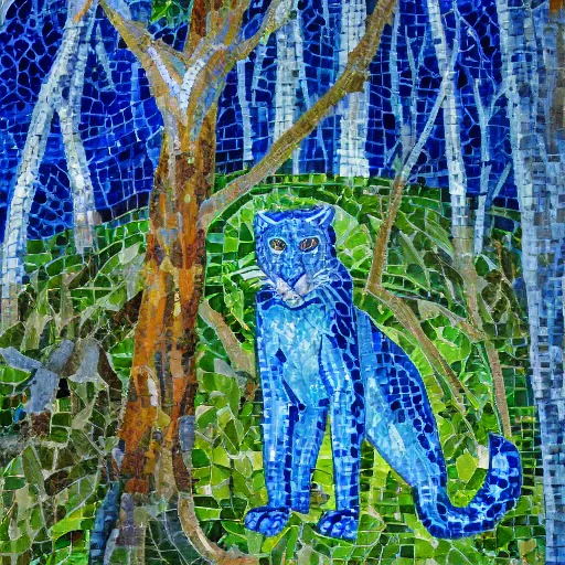 Prompt: church painting of the god of nature, the blue panther, impressionistic mosaic