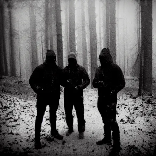 Image similar to low quality iphone photo of the payday : the heist crew standing ominously deep in the foggy woods low visibility creepy, grainy, trail cam footage