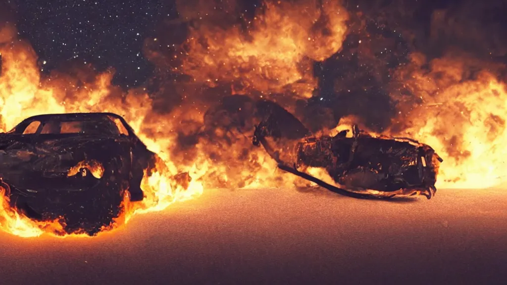 Image similar to movie still of a burning car in outer space